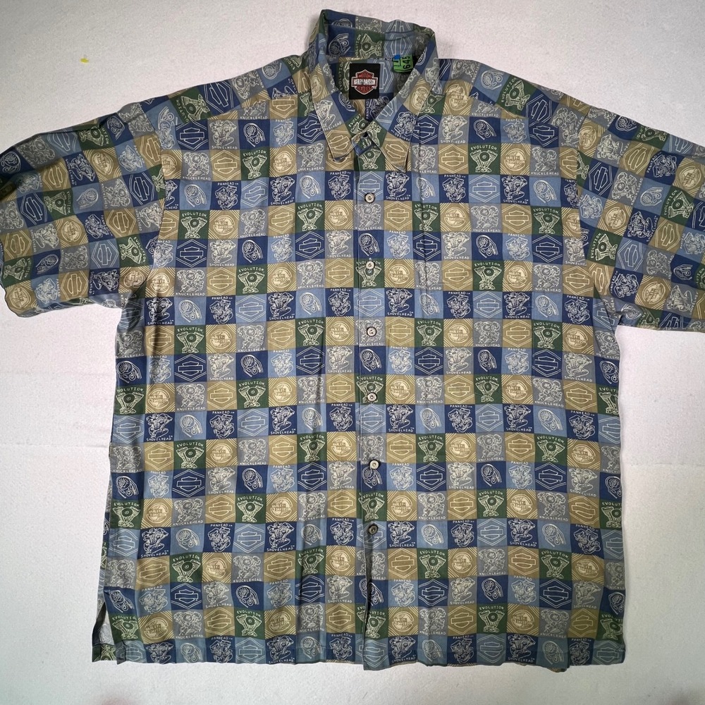 Harley-Davidson Mens XL Blue Green Checkered Engine Print Button Up Shirt
